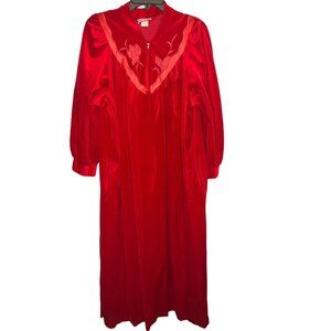 Vintage Loungecrest Sz LARGE Red Velvet Long Robe Floral Embroidery Zip Closure
